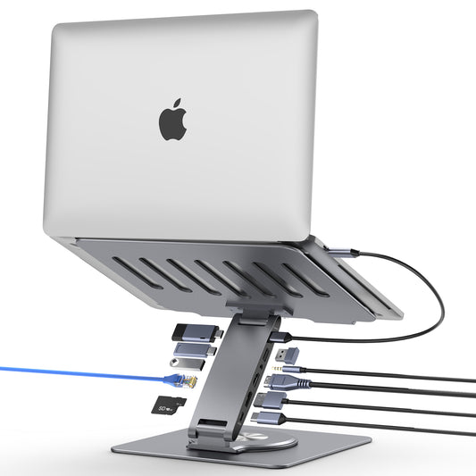 HISmart S08D+ Laptop Docking Station Stand 11-IN-1 Dual Display 4K HDMI Gigabit Ethernet USB3.0 PD100W 3.5mm Audio Jack TF/SD Card Reader HC 360° Swivel Laptop Stand with USB Hub for MacBook Pro/Air/Dell/HP/Surface