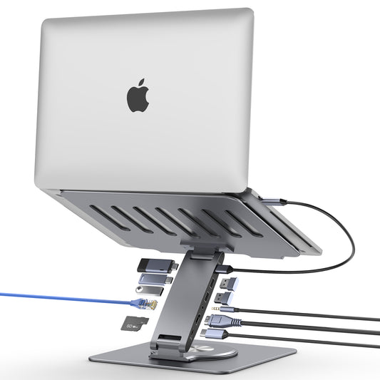 HISMART S07E Laptop Docking Station Stand 11-IN-1 Triple Display HDMI DP 4K60Hz Gigabit Ethernet USB3.1 PD100W SD/TF Card Reader Audio 360°Swivel Laptop Stand with USB Hub for MacBookPro/Air/Dell/HP/Surface/Lenovo