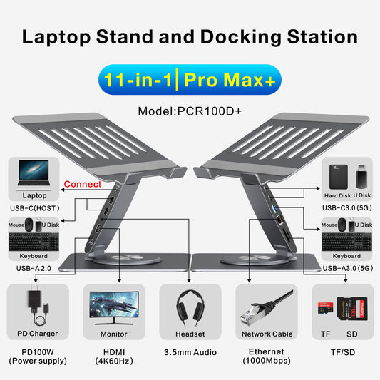 HISMART S07E Laptop Docking Station Stand 11-IN-1 Triple Display HDMI DP 4K60Hz Gigabit Ethernet USB3.1 PD100W SD/TF Card Reader Audio 360°Swivel Laptop Stand with USB Hub for MacBookPro/Air/Dell/HP/Surface/Lenovo